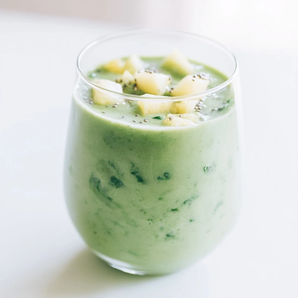 Thick creamy Greek yogurt green smoothie poured into a glass with fresh spinach leaves visible