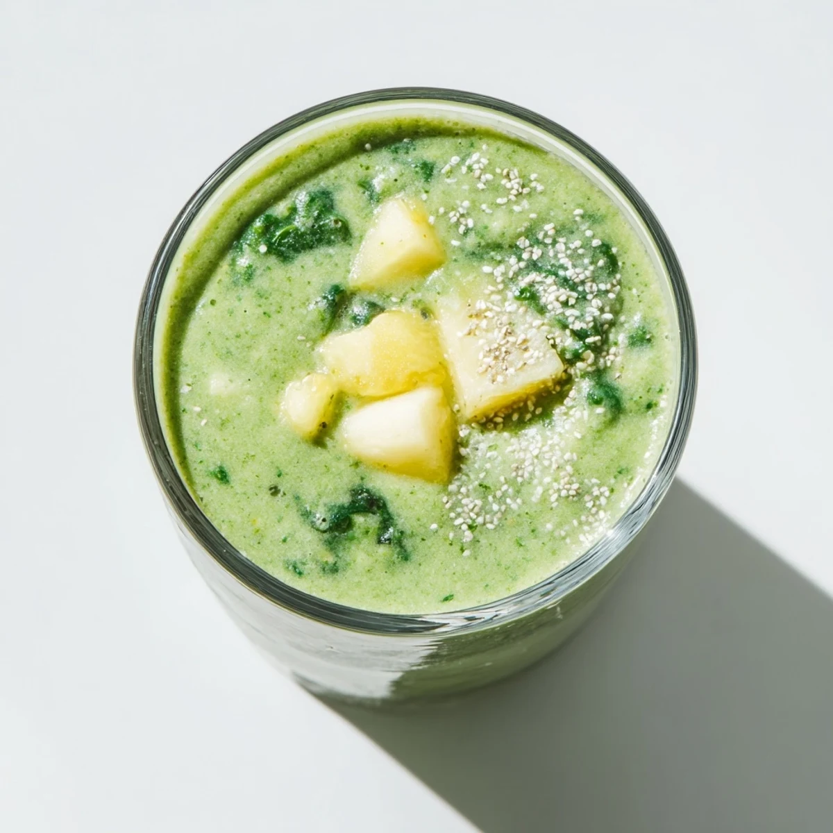 Vibrant green Greek yogurt green smoothie with banana and pineapple chunks blended to smooth perfection