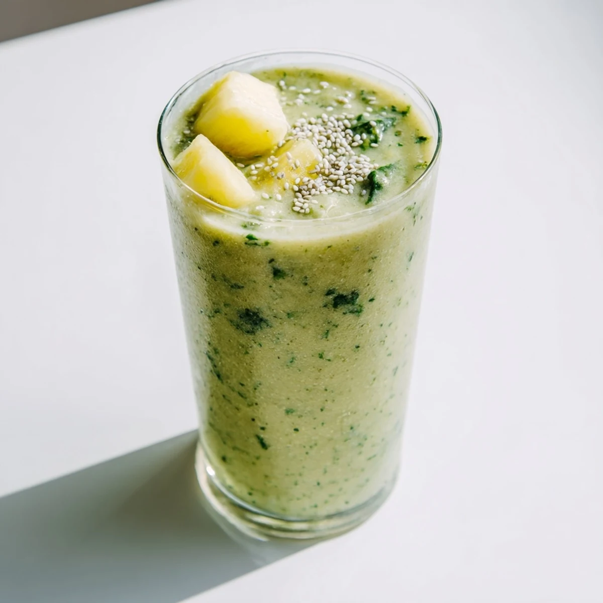 Golden green Greek yogurt green smoothie topped with chia seeds in a clear mason jar
