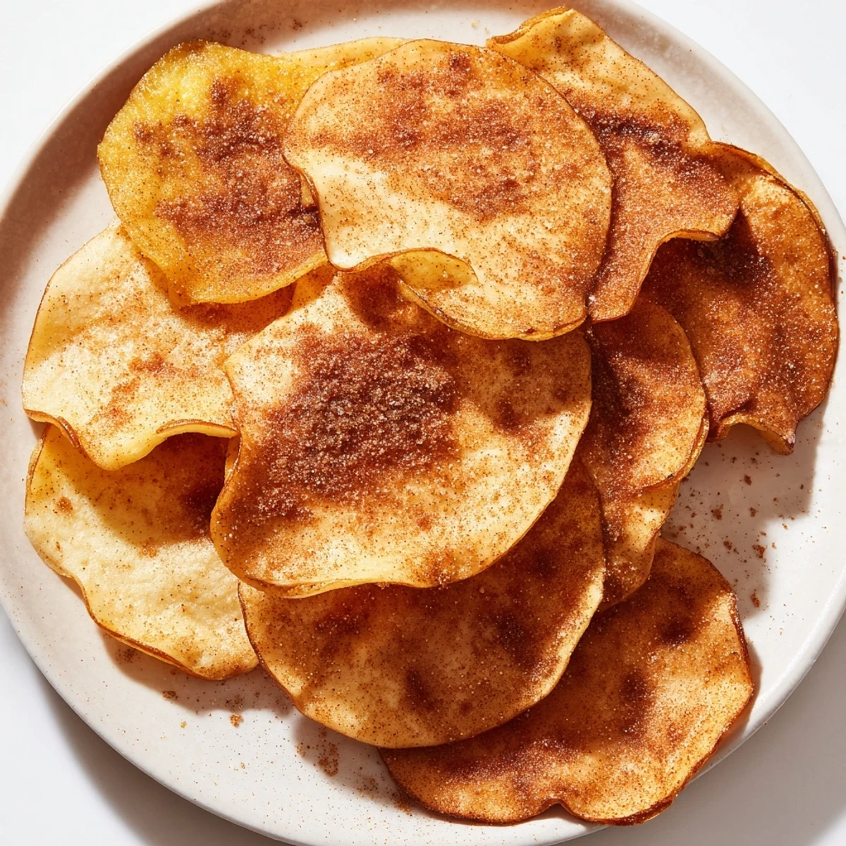 Golden brown crispy air fryer apple chips dusted with warm cinnamon and arranged on a white plate