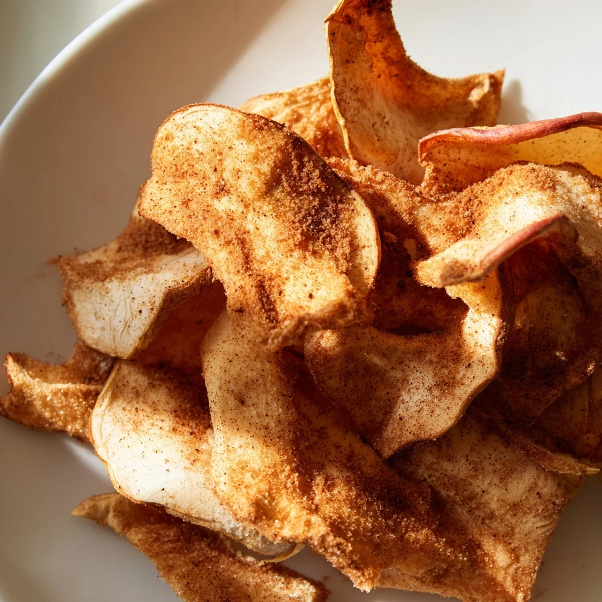 Thinly sliced apple rings air fried to crunchy perfection with a light coating of aromatic cinnamon sugar