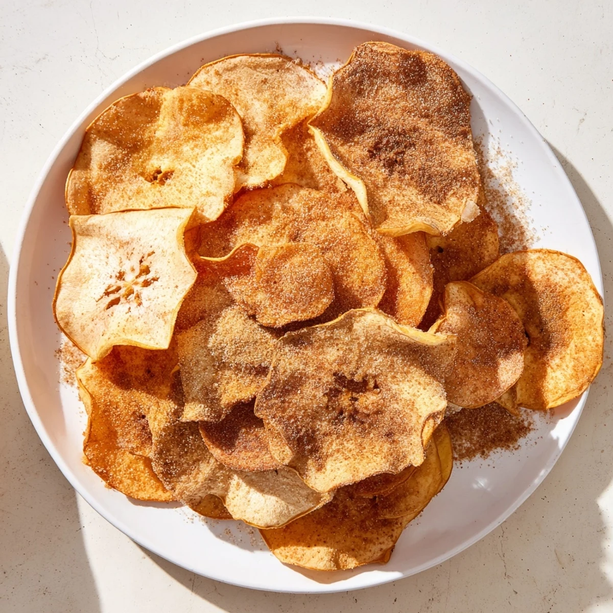 Homemade apple chips with cinnamon seasoning spread across a wooden board, showing their naturally sweet and crispy texture