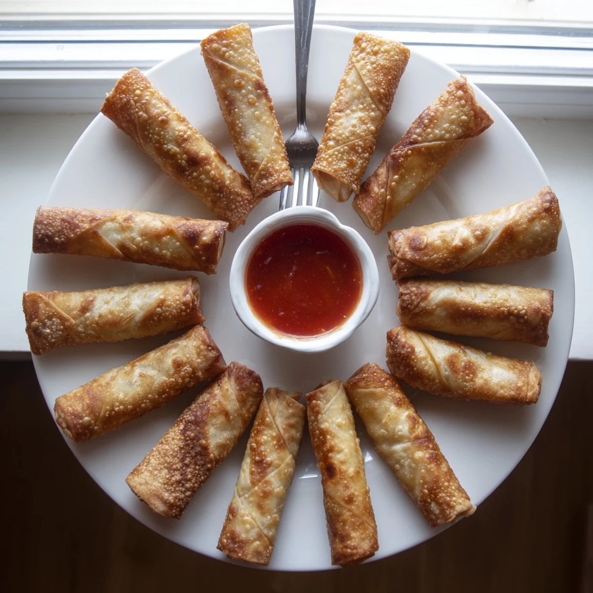 Golden brown Crab Rangoon egg rolls with creamy crab and cream cheese filling ready for serving