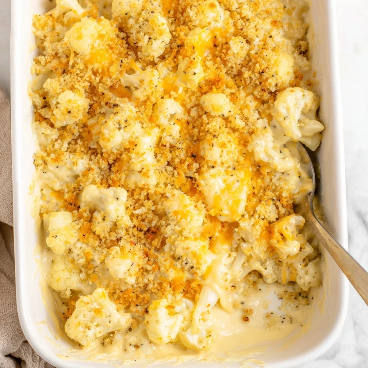 Golden baked cauliflower casserole topped with melted cheddar and crispy breadcrumb layer