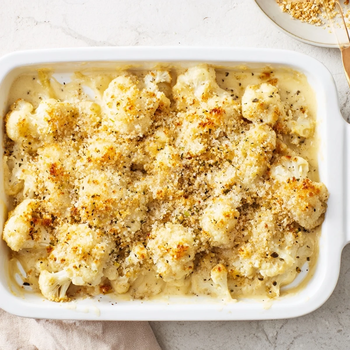 Baked cauliflower casserole with bubbling cheese sauce and crunchy panko parmesan topping