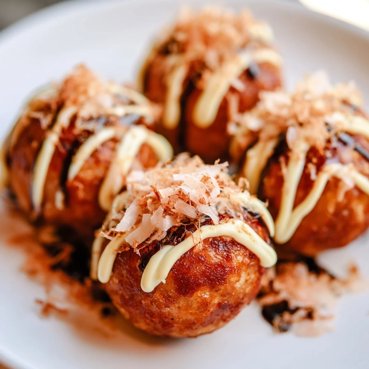 Golden takoyaki balls drizzled with savory sauce and topped with dancing bonito flakes