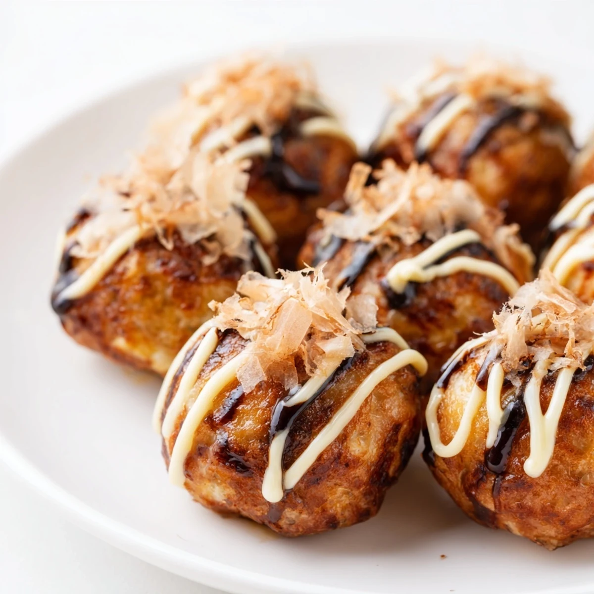 Homemade takoyaki appetizers brushed with sweet sauce and sprinkled with dried seaweed flakes