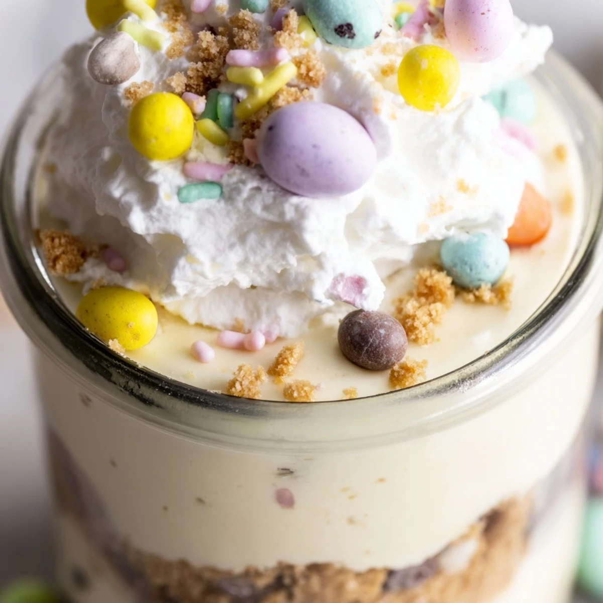 Layered Easter egg cheesecake jars with creamy cheesecake filling and colorful mini chocolate eggs nestled inside