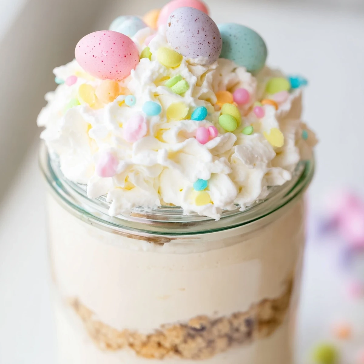 No-bake Easter egg cheesecake jars topped with whipped cream and pastel sprinkles in glass containers
