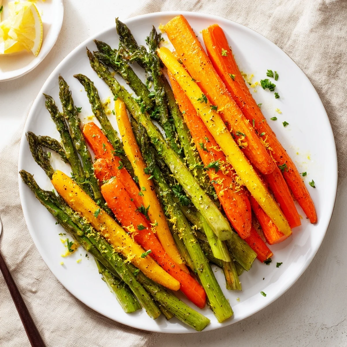 Golden roasted asparagus and carrots with caramelized edges and fresh herb garnish on a white serving platter