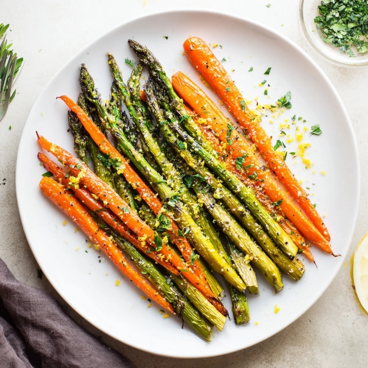 Tender roasted asparagus and sweet carrots arranged on a baking sheet with dried herbs and optional lemon zest