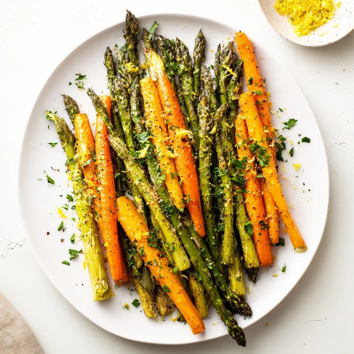 Colorful roasted asparagus and carrot sticks drizzled with olive oil and sprinkled with sea salt and black pepper