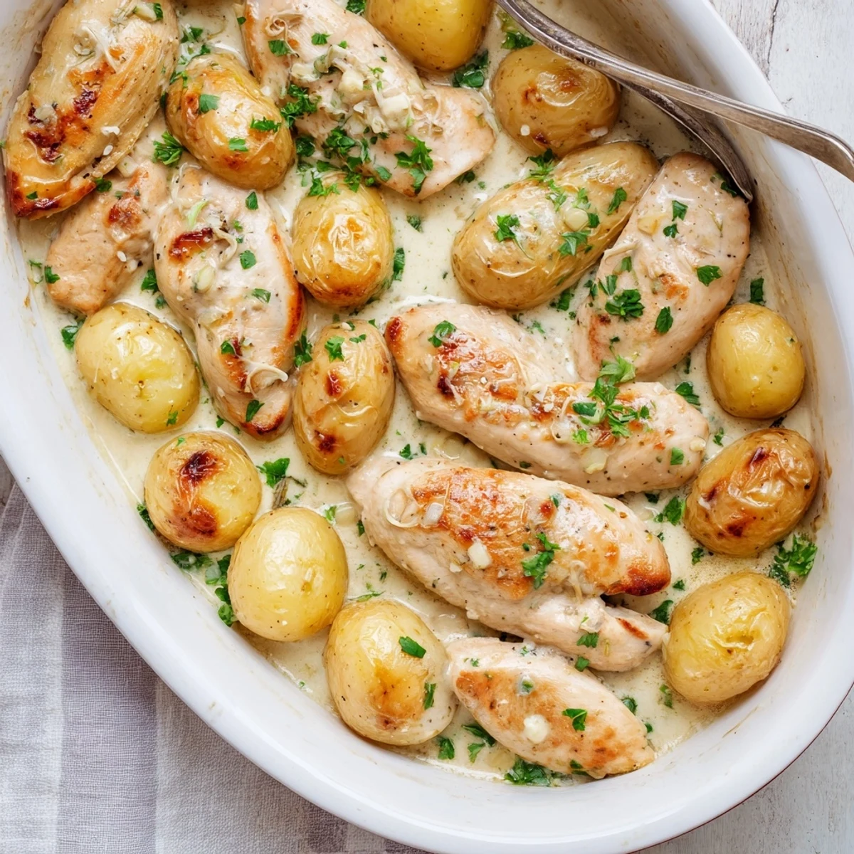 Tender baked chicken and potatoes topped with thick creamy garlic Parmesan sauce and parsley
