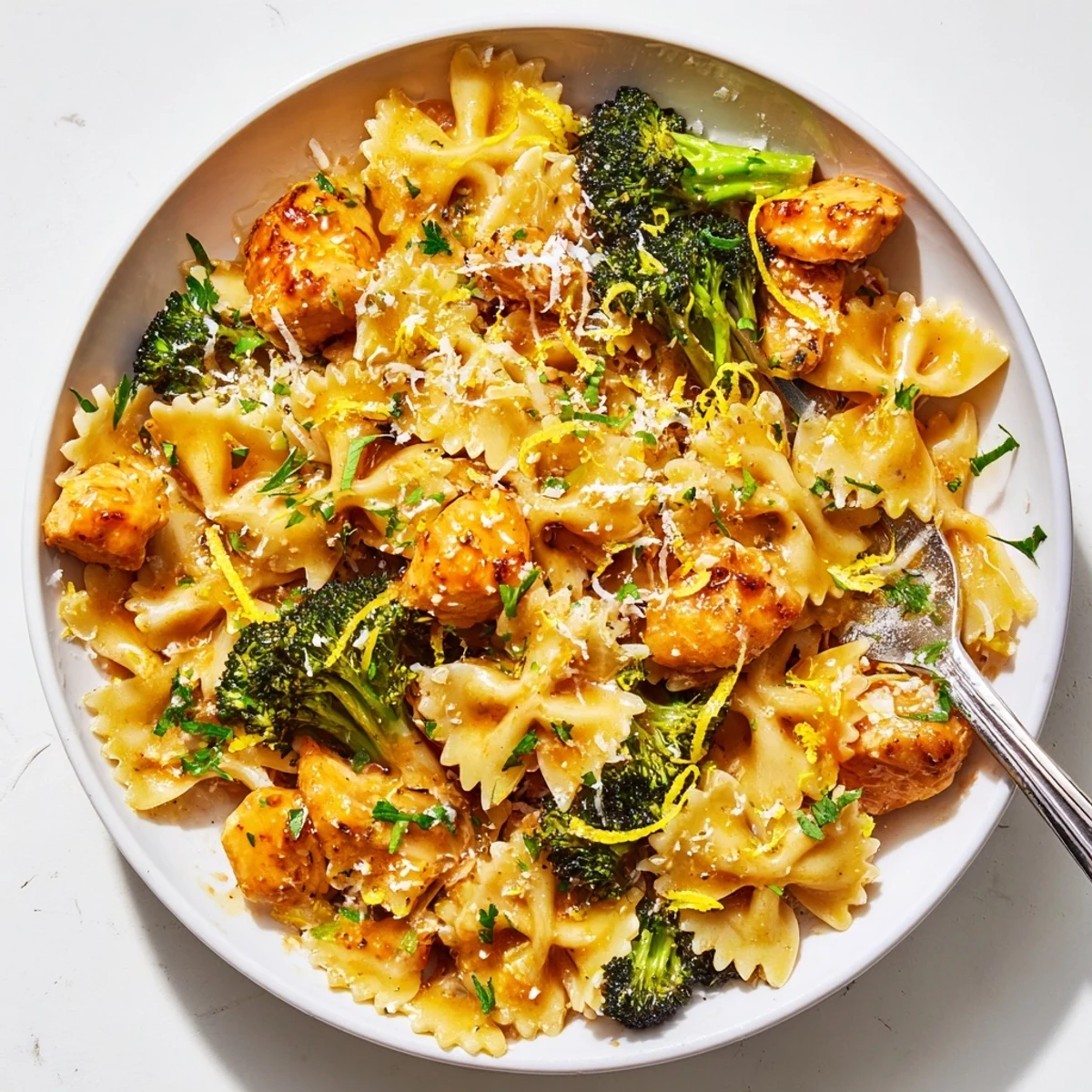 Golden bowtie pasta tossed with tender chicken and broccoli in zesty cowboy butter lemon sauce