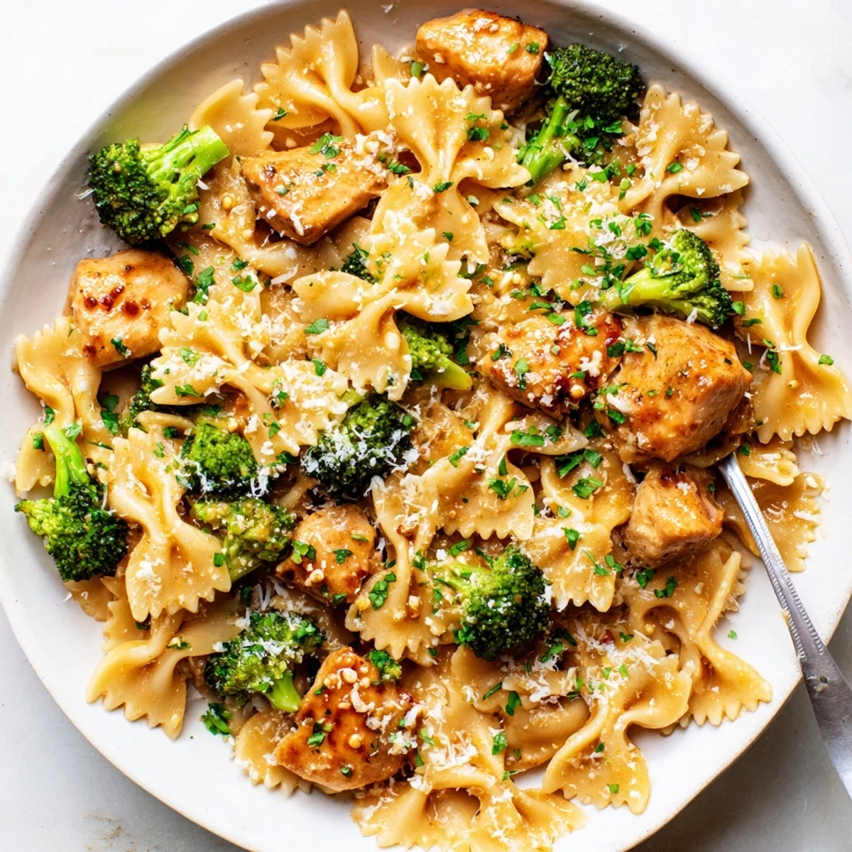 Creamy cowboy butter lemon bowtie pasta dinner with crispy chicken and fresh green broccoli florets