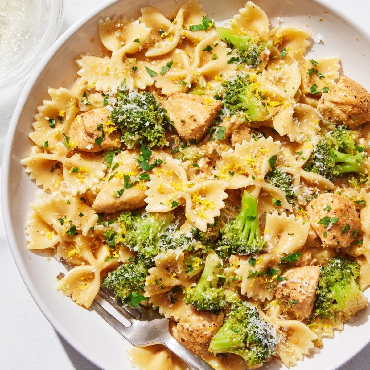 Vibrant bowl of savory cowboy butter lemon chicken pasta featuring bowtie noodles crisp broccoli and herbs