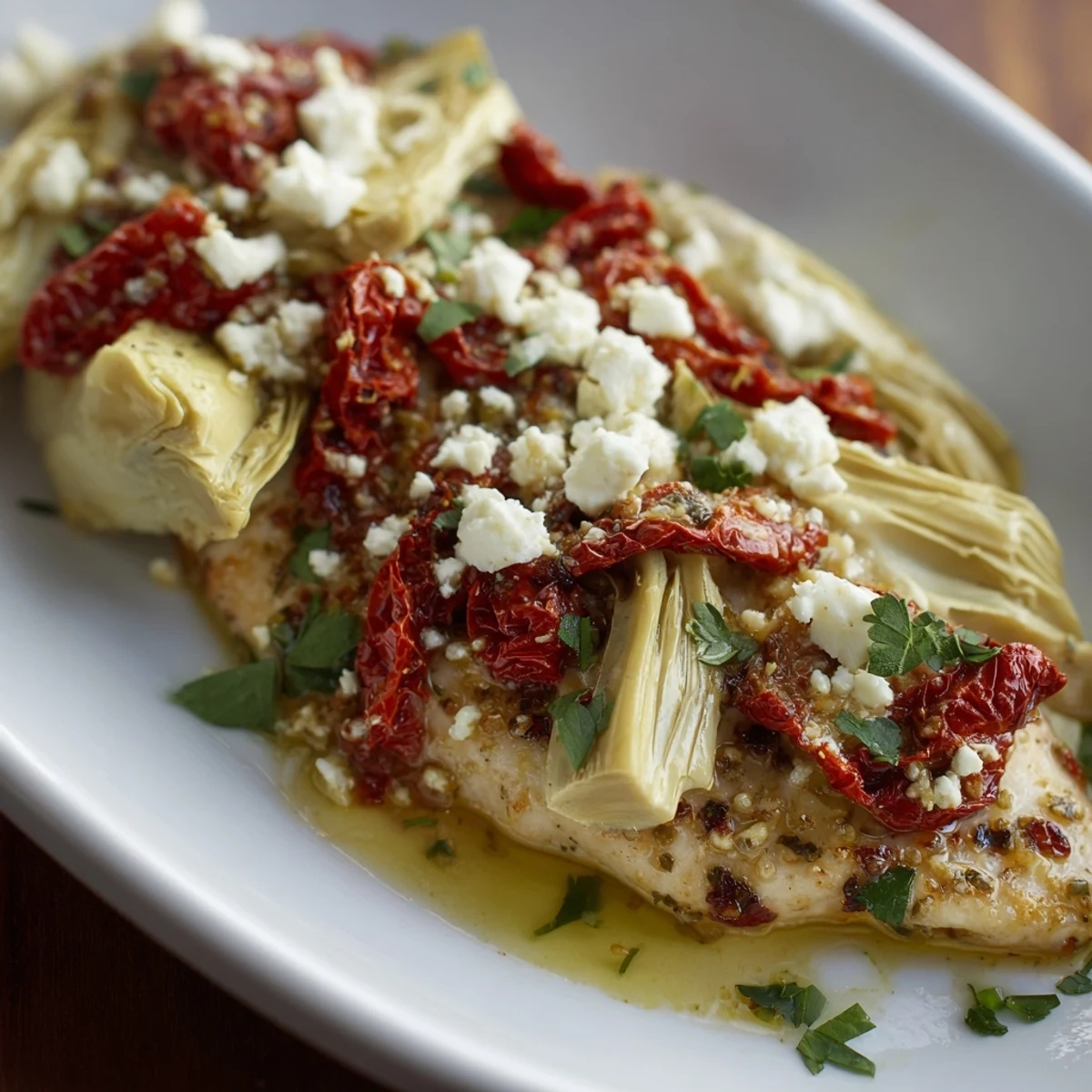 Tender chicken breasts broiled with tangy feta and marinated artichoke hearts