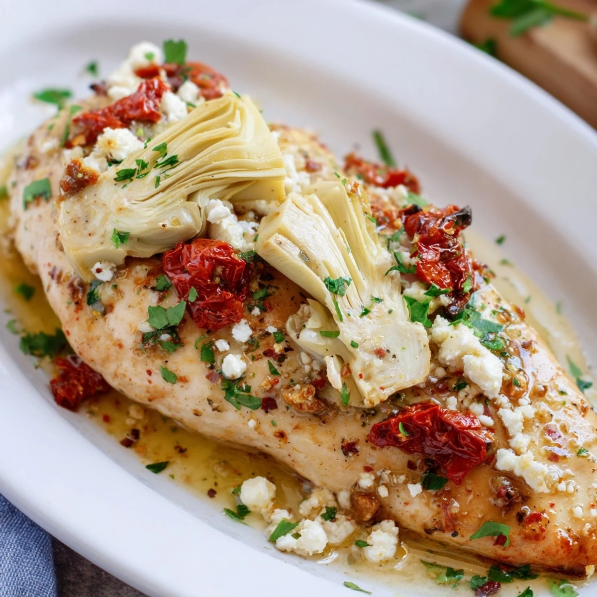 Golden broiled artichoke chicken topped with melted feta and fresh Mediterranean herbs