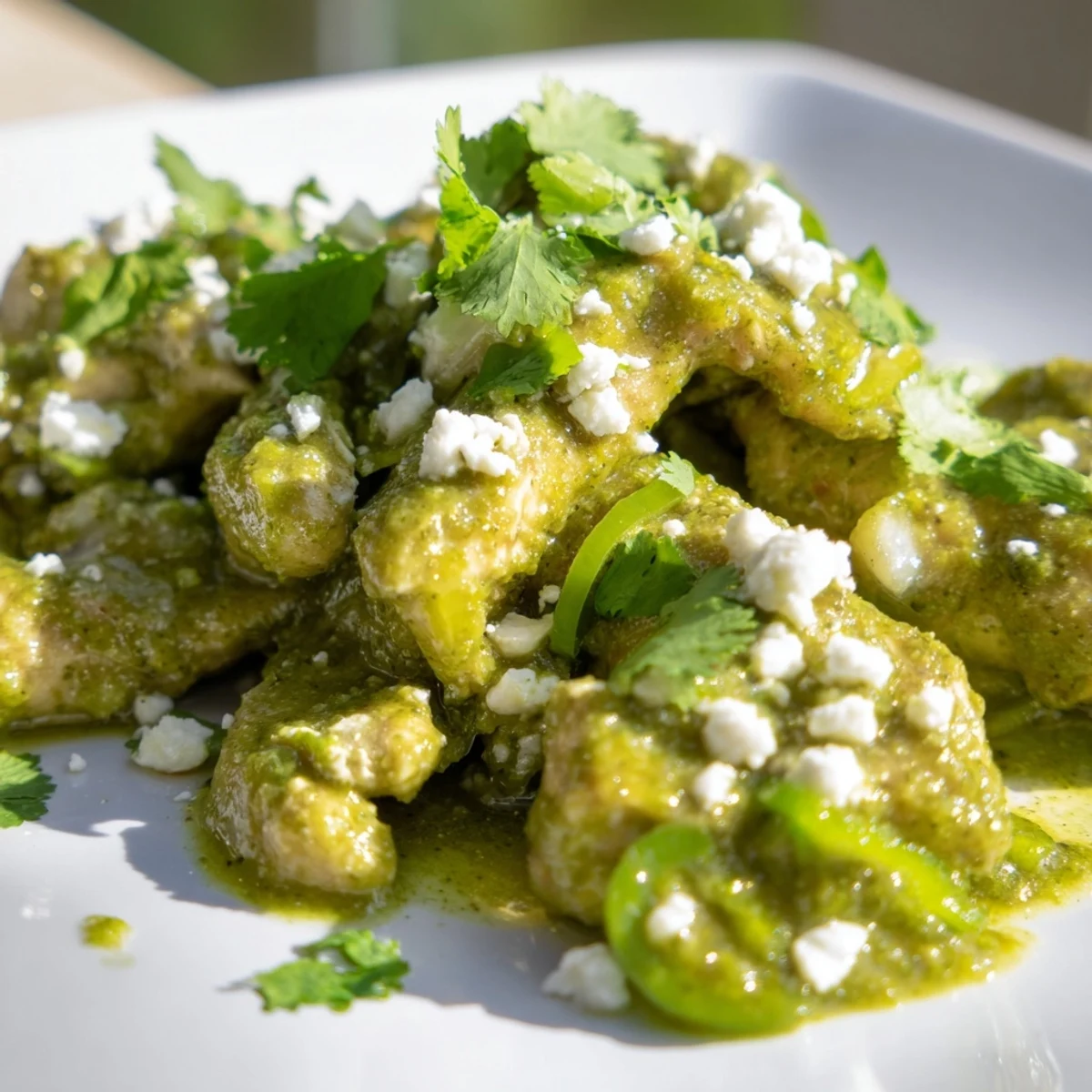 Golden pan-seared chicken breasts swimming in vibrant green salsa verde sauce with melted queso fresco