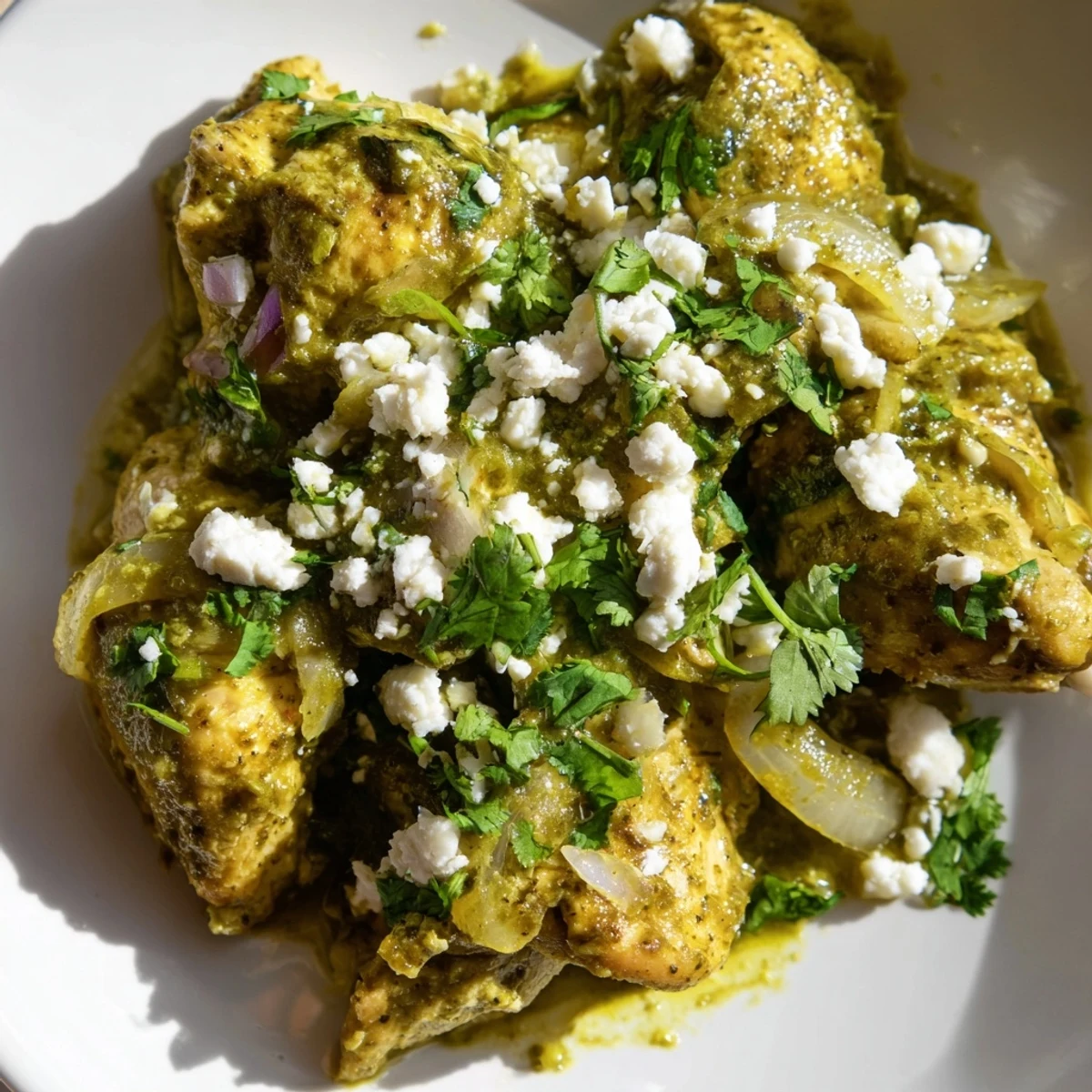 Tender Salsa Verde Chicken simmered in tangy tomatillo sauce topped with fresh cilantro and lime wedges