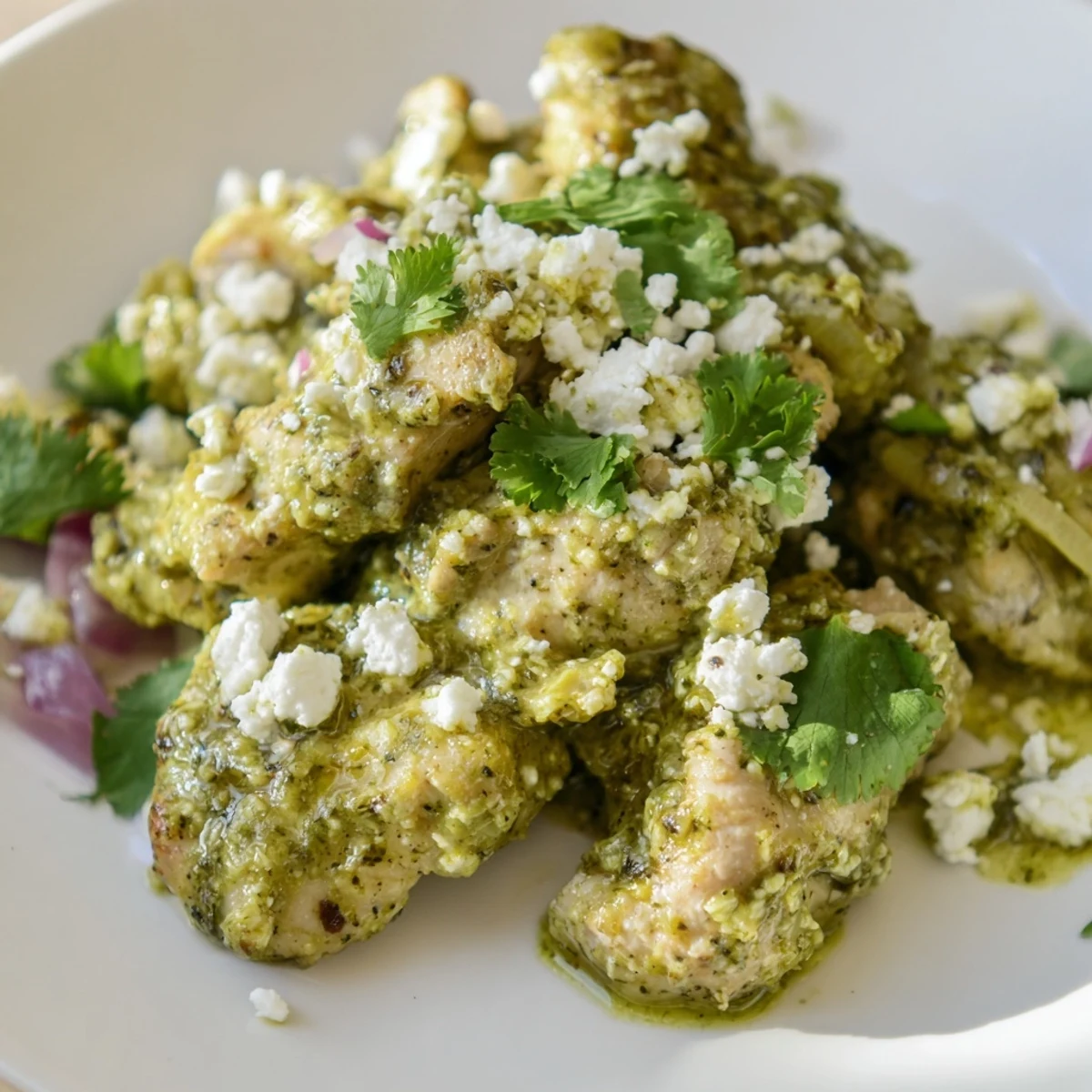Juicy chicken breasts in zesty green salsa verde garnished with crumbled white cheese and sliced jalapeño