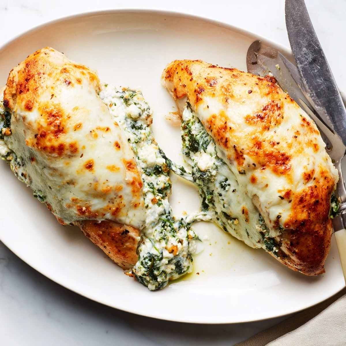 Golden baked spinach ricotta chicken breasts topped with melted mozzarella cheese on a white serving plate