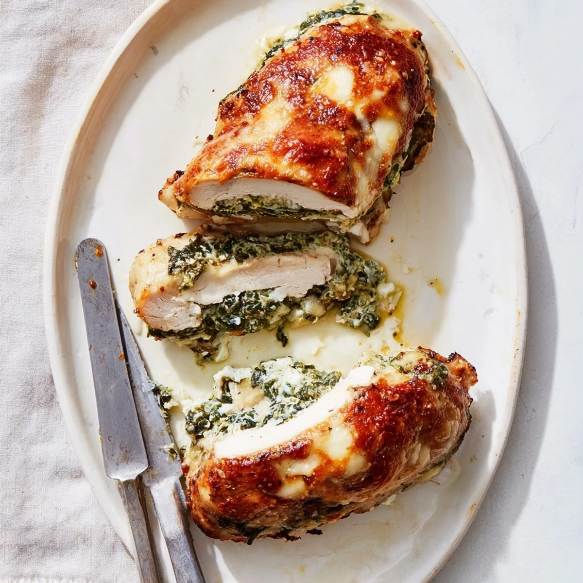 Oven-baked chicken stuffed with ricotta and spinach mixture garnished with grated Parmesan and basil leaves