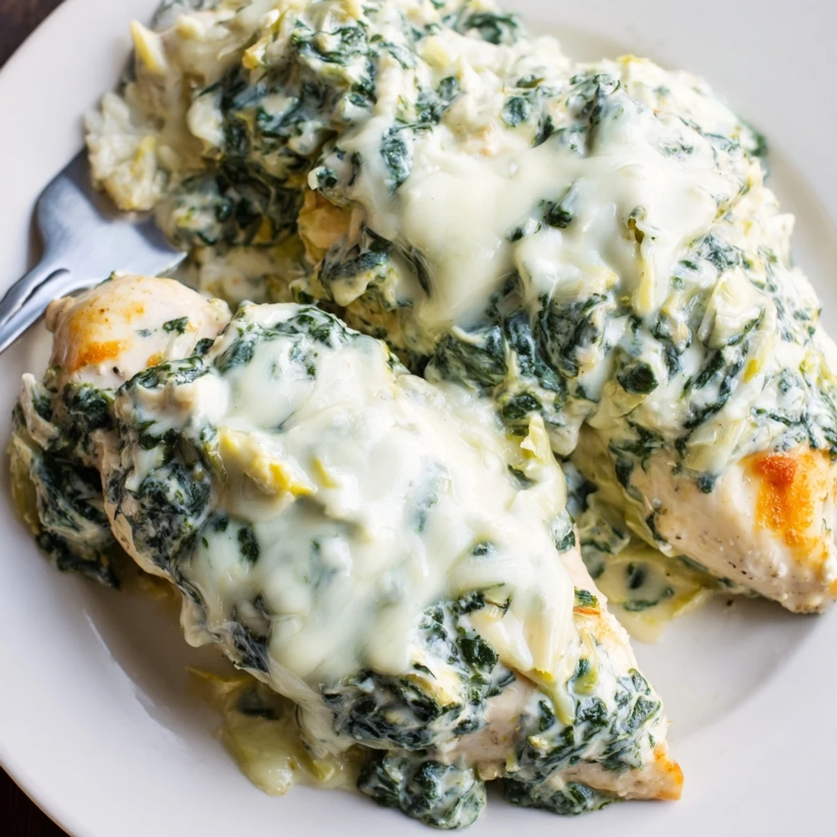 Golden bubbling Pesto Spinach Artichoke Chicken Bake fresh from the oven with melted mozzarella
