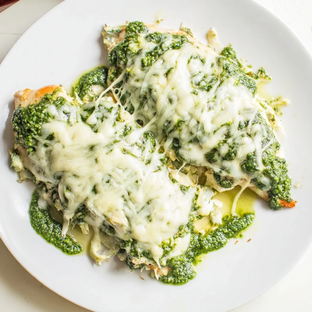 Savory baked chicken layered with vibrant pesto, tender artichokes, and gooey cheese topping