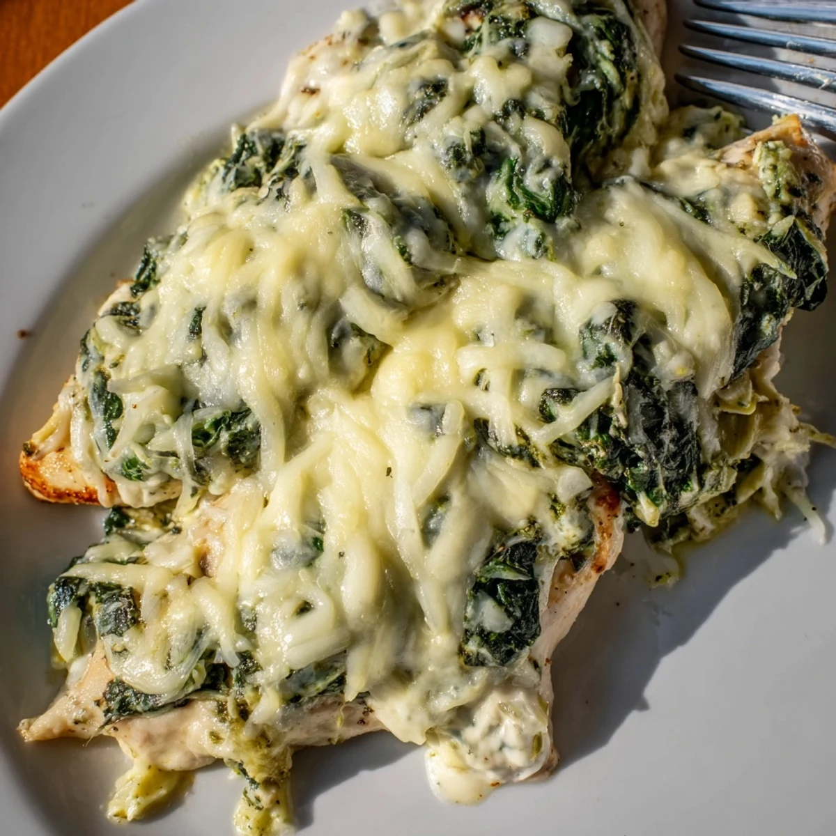 Creamy spinach and artichoke topped chicken breasts baked with pesto and browned cheese