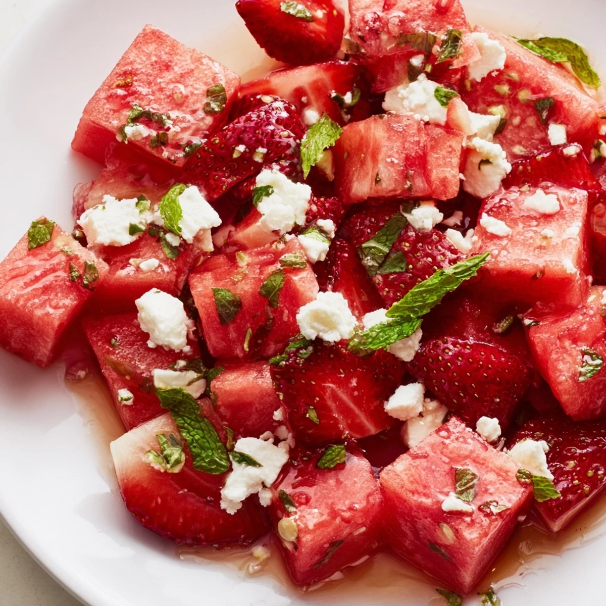 Fresh strawberry watermelon salad with honey lime vinaigrette in a white bowl on wooden table