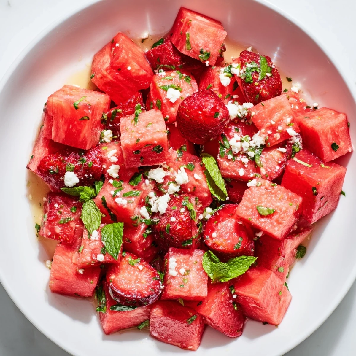 Colorful summer strawberry watermelon salad drizzled with tangy honey lime dressing and fresh mint garnish