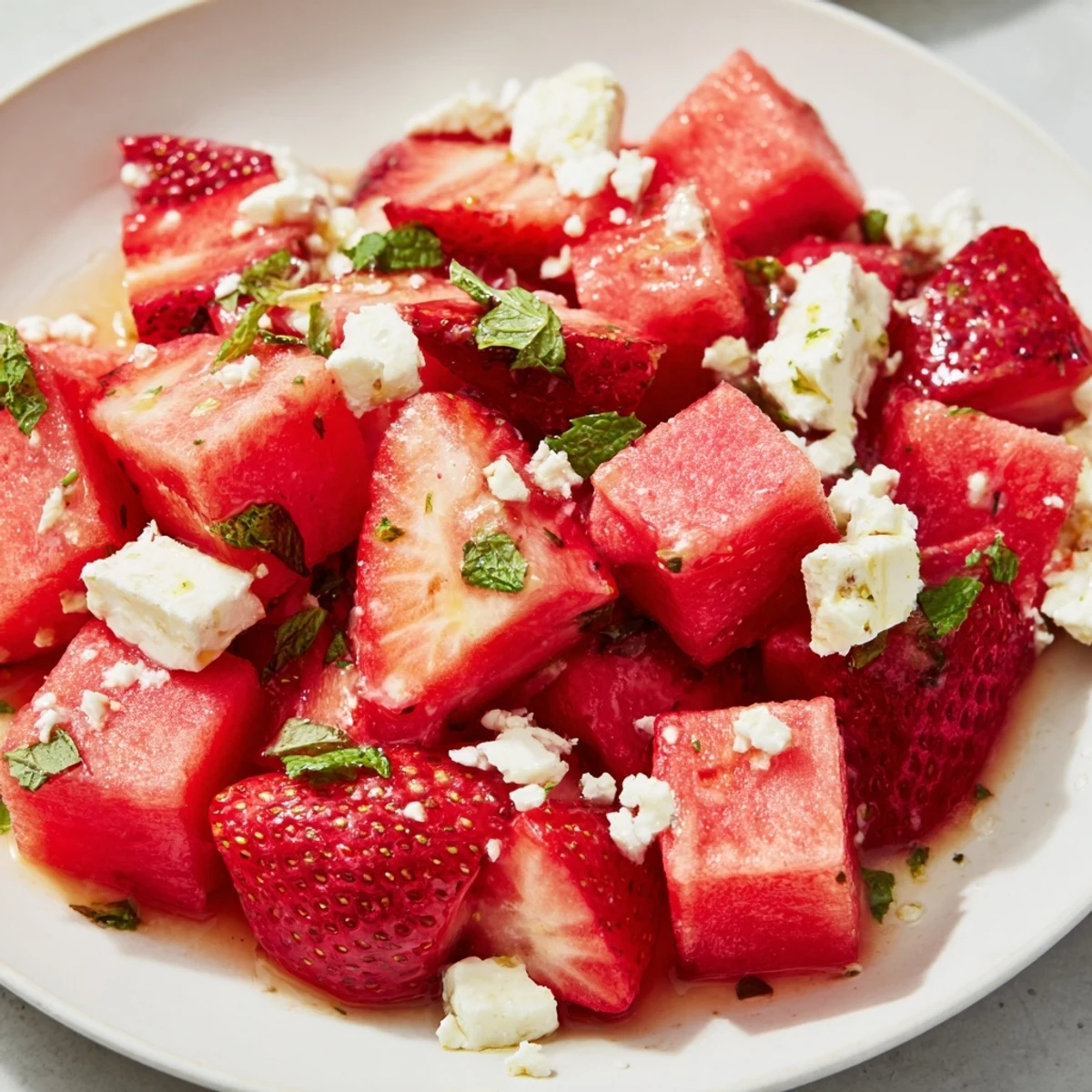 Vibrant bowl of strawberry watermelon salad with honey lime vinaigrette topped with crumbled feta cheese