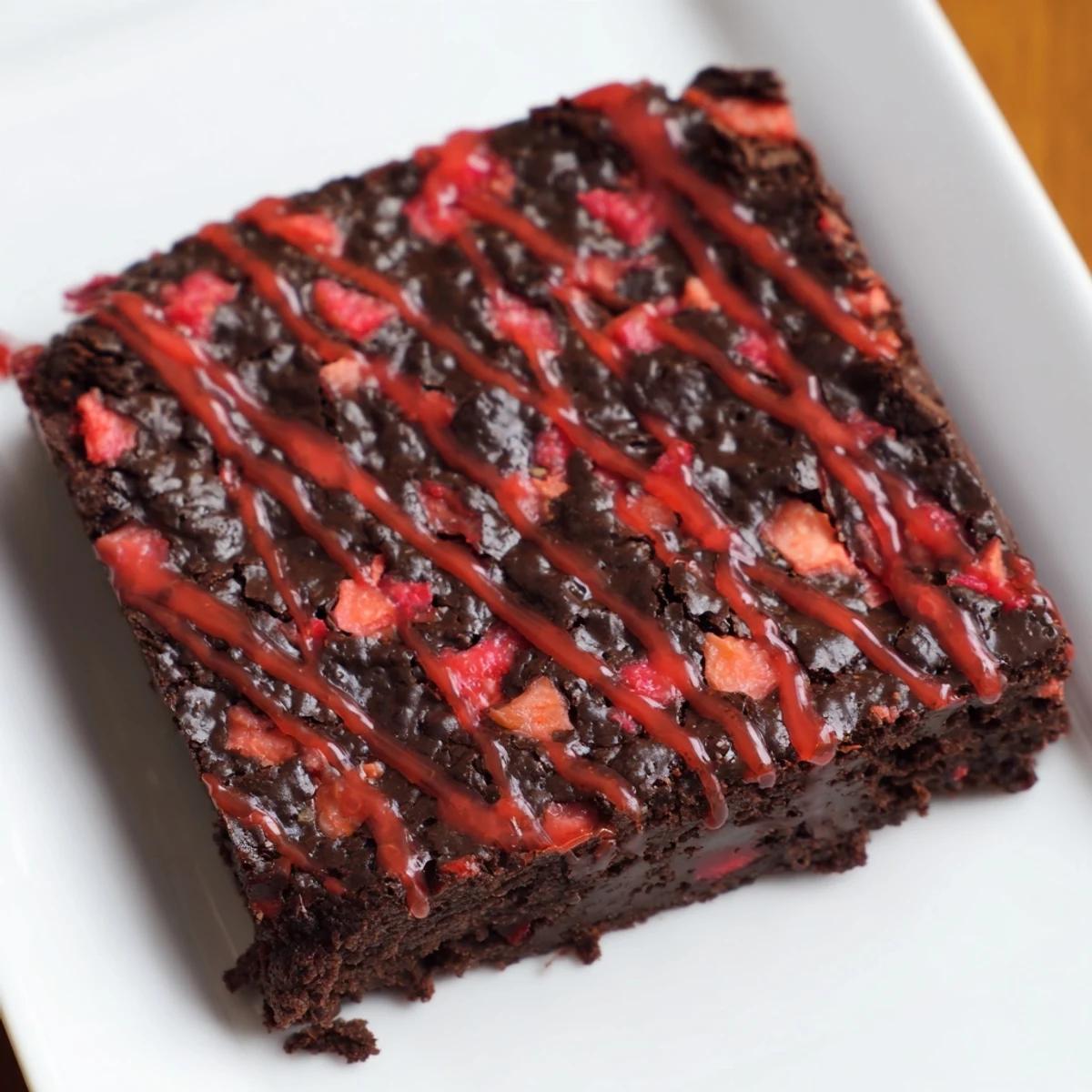 Fudgy homemade easy strawberry brownies topped with sweet pink strawberry glaze drizzle