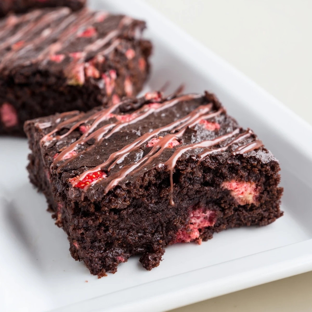 Chocolatey easy strawberry brownies cut into squares on white serving plate garnished