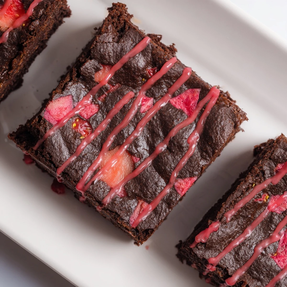 Square slice of easy strawberry brownies with fresh red strawberry pieces baked inside