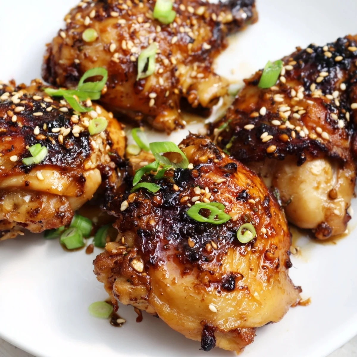 Tender chicken pieces coated in rich umami garlic miso glaze served on a white platter