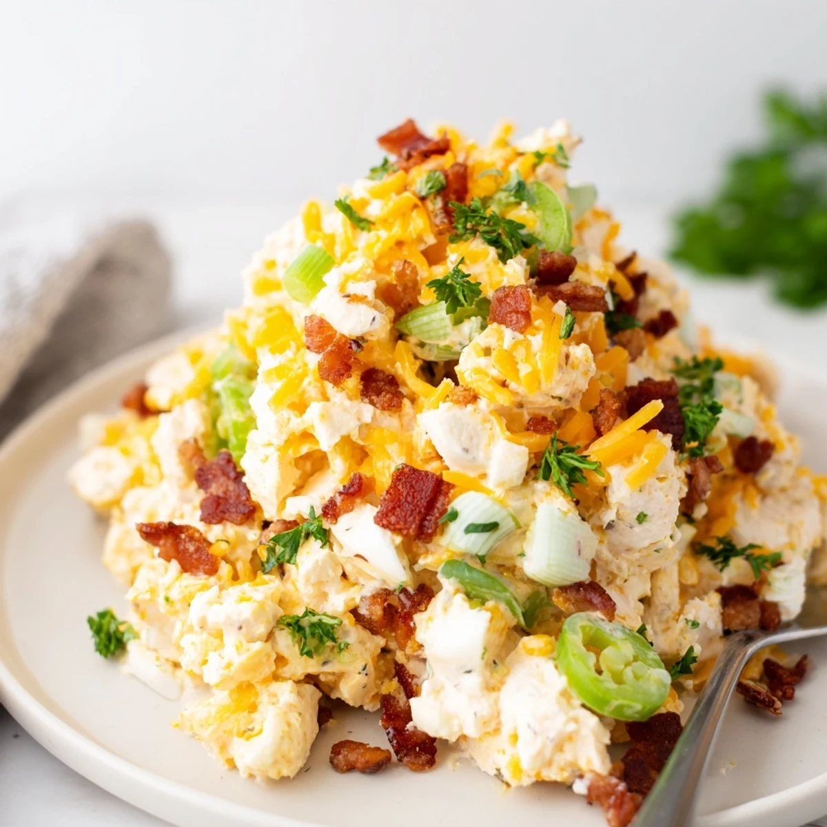 Spoonful of jalapeno popper cottage cheese chicken salad showcasing chunks of chicken, cheddar cheese, and crunchy celery on a bed of crisp green lettuce