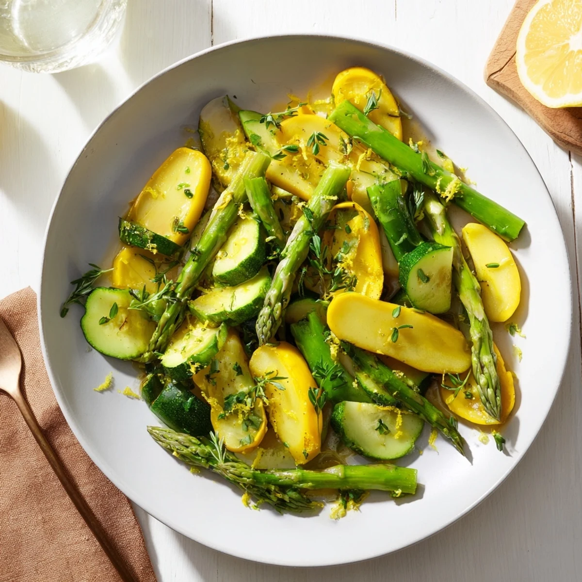 Golden sautéed asparagus zucchini and squash in a skillet with fresh green herbs