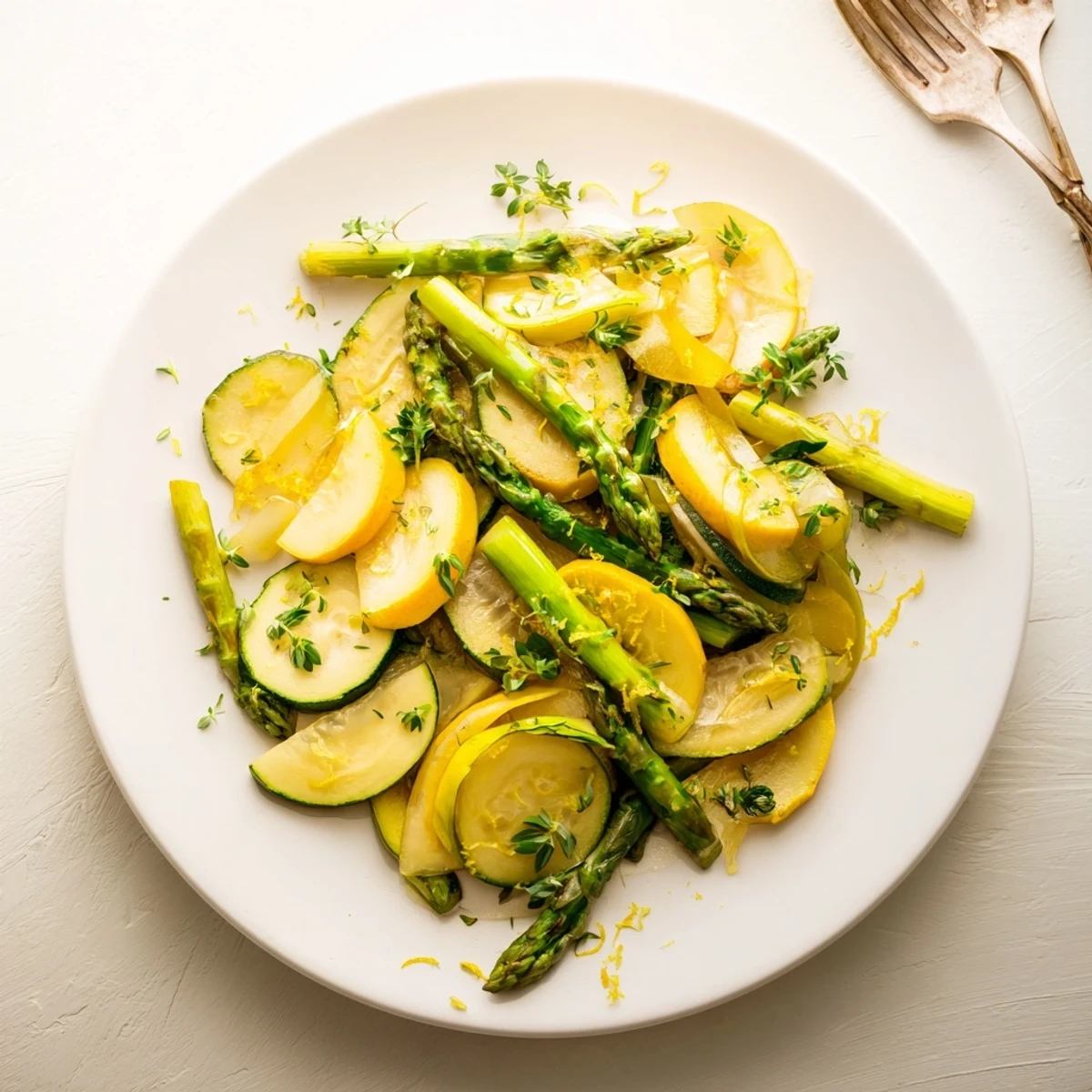 Colorful medley of tender asparagus zucchini and yellow squash garnished with parsley