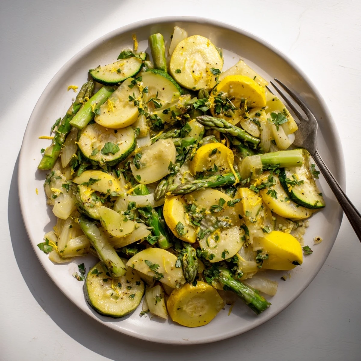 Vibrant vegetable side dish featuring crisp asparagus zucchini and squash with lemon