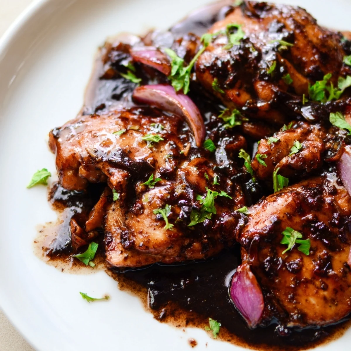 Tender slow cooker balsamic chicken thighs glazed in rich dark savory sauce over red onions