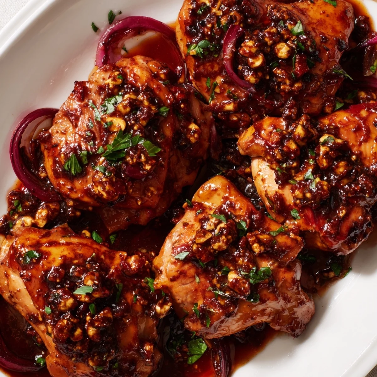 Golden brown chicken thighs swimming in tangy balsamic glaze with fresh parsley garnish