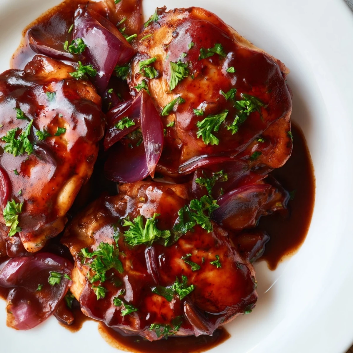 Glossy slow cooker balsamic chicken served over mashed potatoes with thick caramelized sauce coating