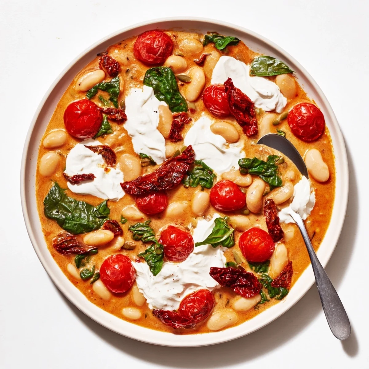 Golden skillet of Greek yogurt marry me butter beans topped with vibrant green basil