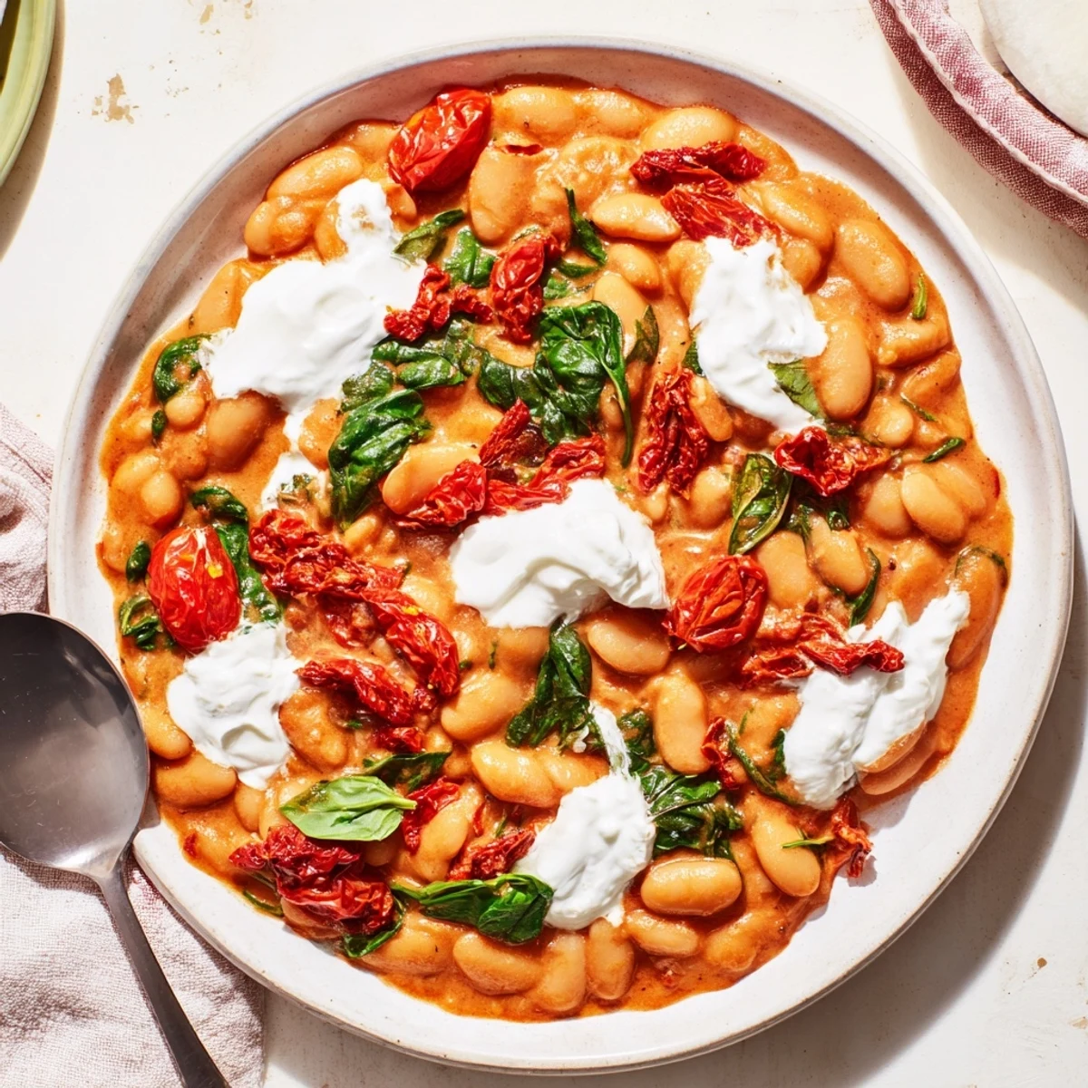 Savory butter beans swimming in tangy Greek yogurt tomato sauce with sun-dried tomatoes