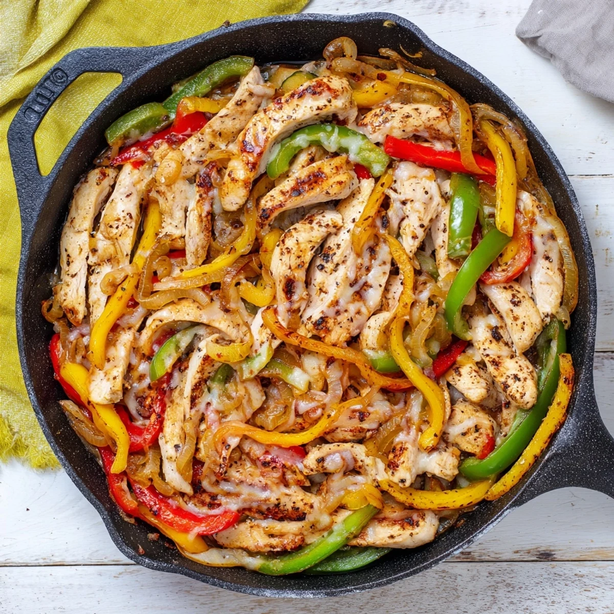 Golden melted provolone blankets tender chicken cheesesteak skillet with colorful peppers and caramelized onions