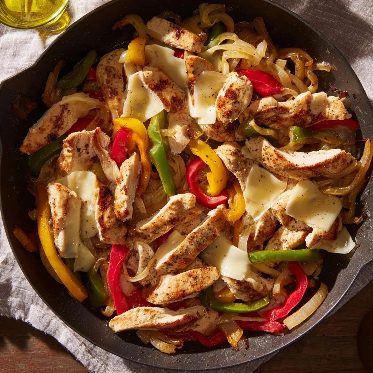 One-pan chicken cheesesteak skillet sizzling with sautéed vegetables and gooey provolone cheese topping