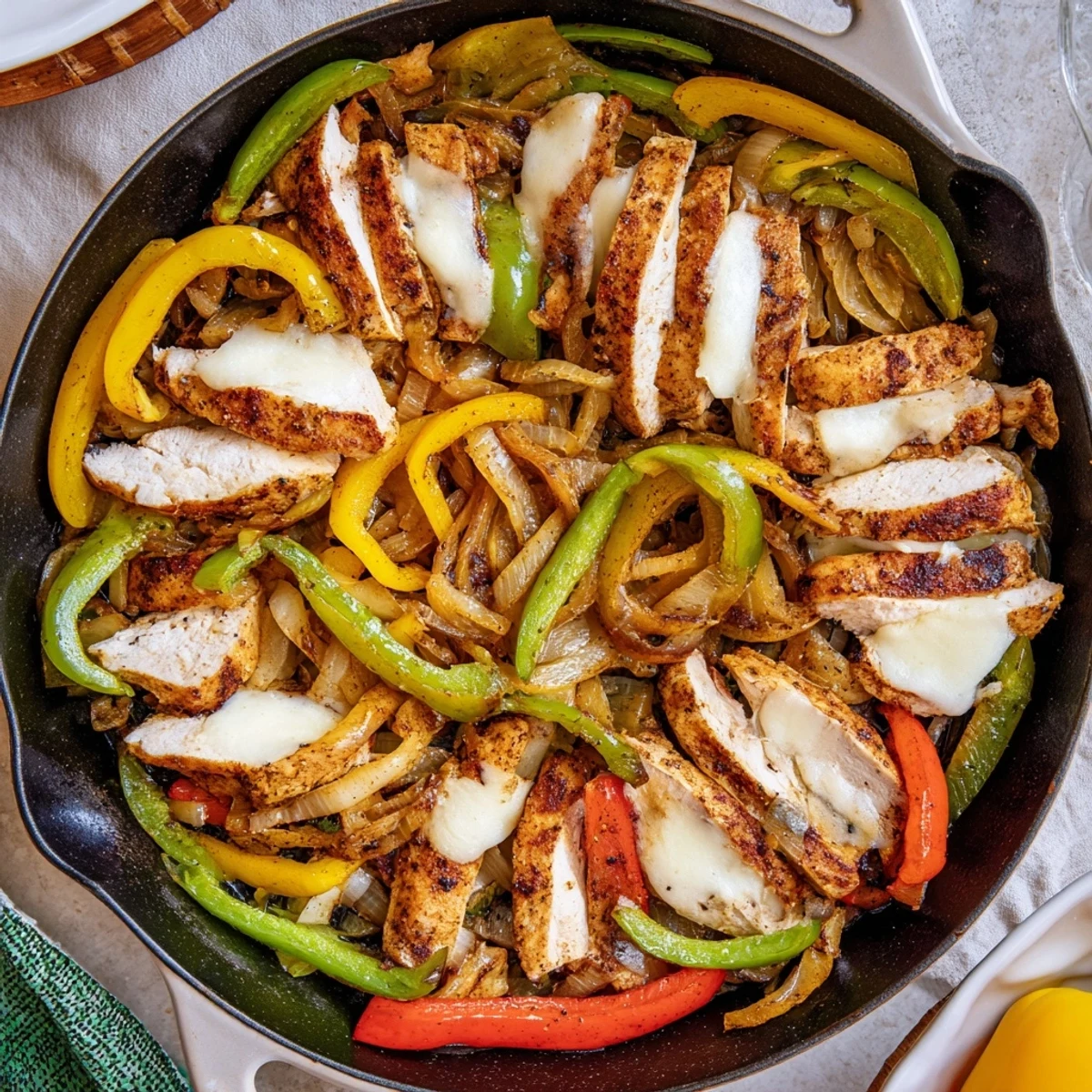 Savory chicken cheesesteak skillet featuring juicy sliced chicken, bell peppers, onions, and melted cheese