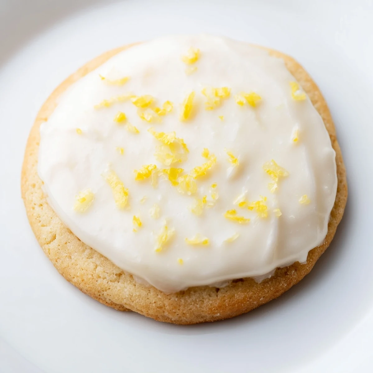 Soft lemon frosted cookies topped with tangy white glaze on a white plate